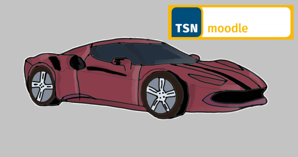 © TSNmoodle Illustration eines roten Sportwagens in Seitenansicht mit schwarzen Akzenten und großen Felgen; im oberen rechten Bereich befindet sich ein Logo mit der Aufschrift „TSN moodle“ in Blau und Gelb.
