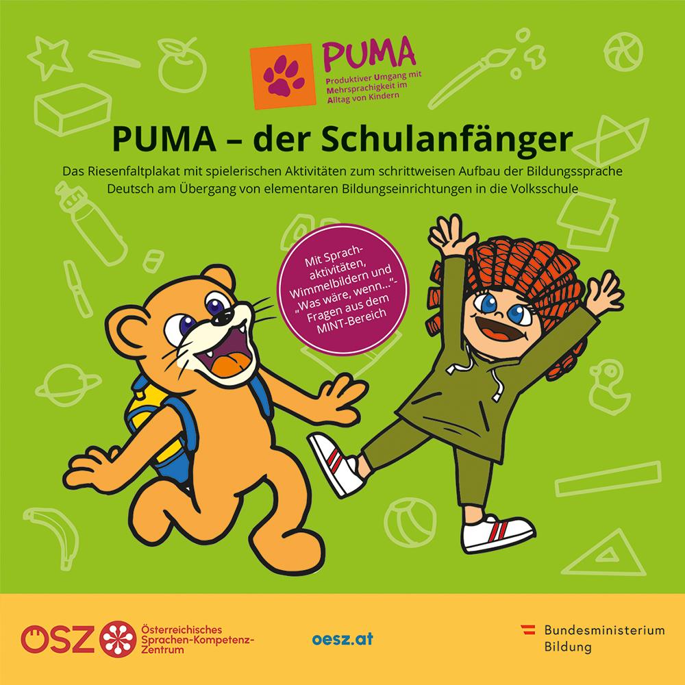 © Copyright | Bildquelle: https://www.oesz.at/material-center/puma-der-schulanfaenger/ | Urheber:in: ÖSZ Cover „PUMA – der Schulanfänger“ mit Pumafigur und Kind. Material zur spielerischen Sprachförderung und zum Aufbau der Bildungssprache Deutsch beim Übergang vom Kindergarten in die Volksschule.
