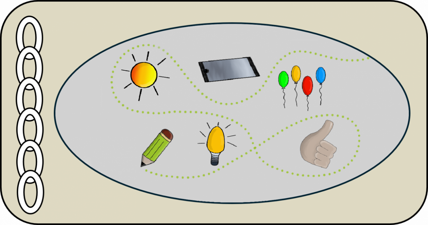 Urheber:in: Anna Zigala Illustration auf grauem Hintergrund: Entlang einer grünen, gepunkteten, geschwungenen Linie sind Symbole angeordnet – oben links eine gelbe Sonne, daneben ein Smartphone; rechts vier bunte Luftballons (grün, gelb, rot, blau). Unten links ein grüner Bleistift, in der Mitte unten eine leuchtende Glühbirne und rechts unten ein hochgehaltener Daumen (Daumen hoch).