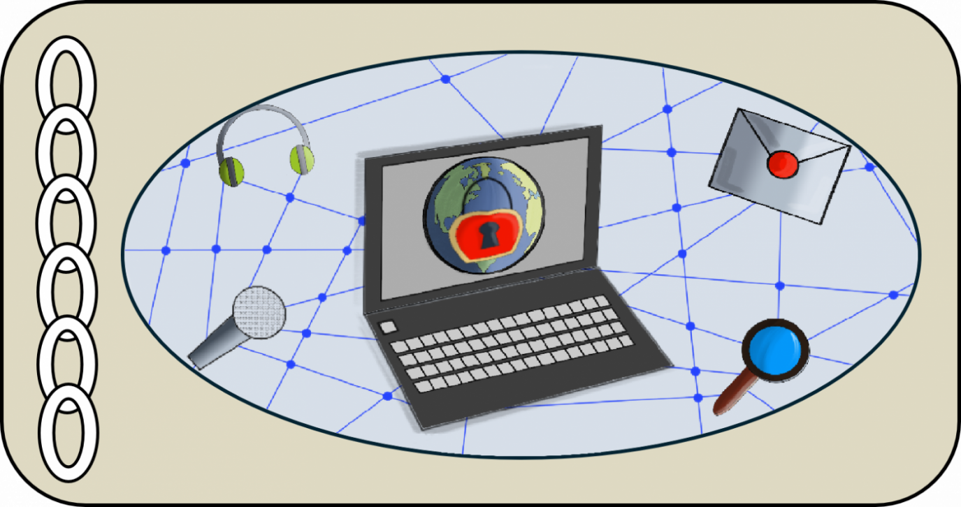 Urheber:in: Anna Zigala Illustration eines Laptops mit einem Globus und rotem Schloss auf dem Bildschirm, umgeben von Symbolen für Online-Kommunikation: Kopfhörer, Mikrofon, Briefumschlag mit Siegel und Lupe; im Hintergrund ein blaues Netzwerk aus verbundenen Punkten – Darstellung von Internetsicherheit und Datenschutz.