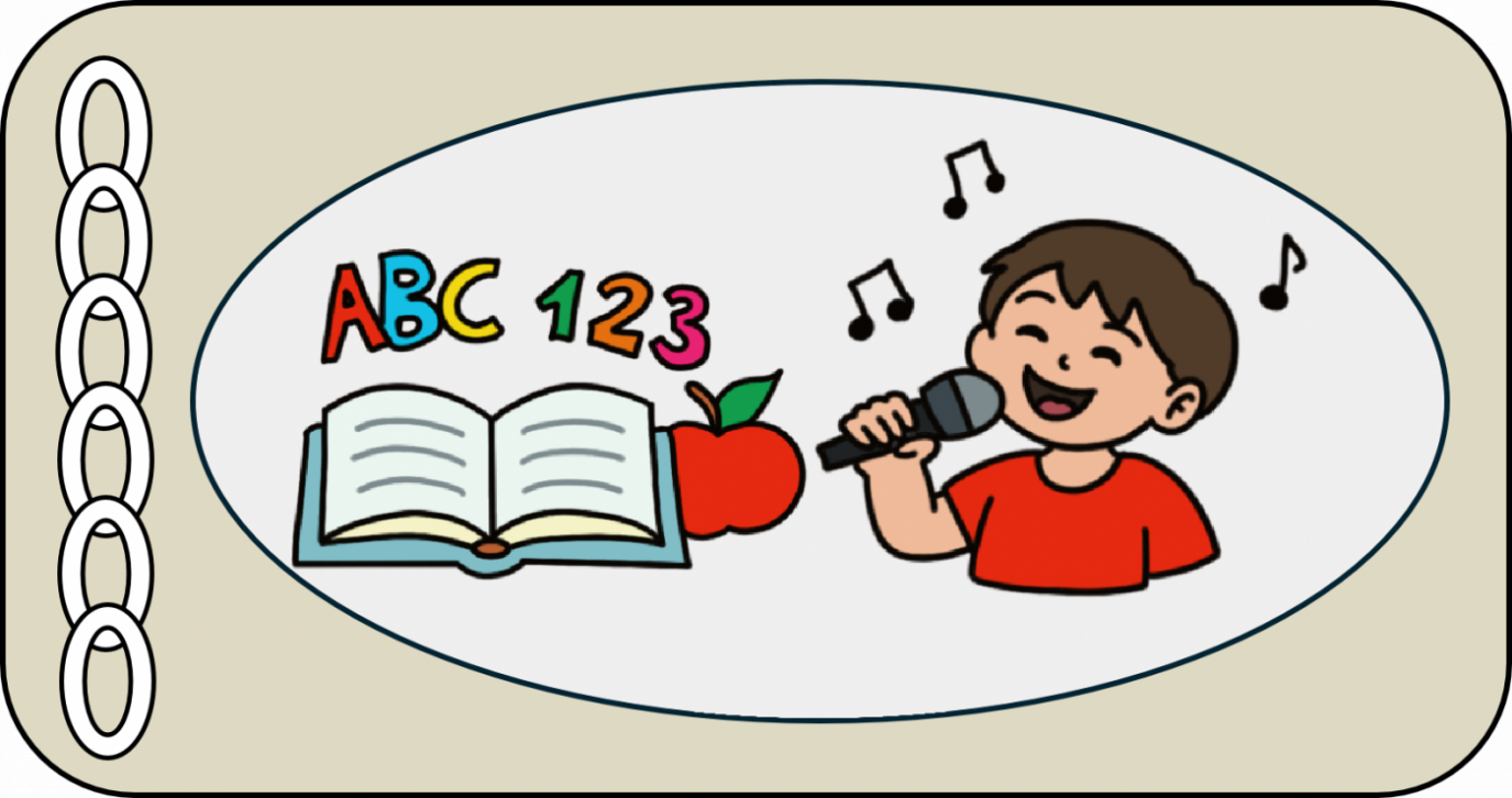 Urheber:in: Johanna Schmidt Ein offenes Buch, ein roter Apfel, der Schriftzug ABC und 123 und ein Kind im roten T-shirt, das singt