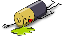 Clipart mit einer Batterie im Stil eines Männchens, am Boden liegend mit herausgestreckter Zunge und schwitzend