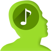 Grüner stilisierter Kopf mit einem dunkelgrünen Kreis in der Gehirnregion, in dessen Mitte sich eine Musiknote befindet