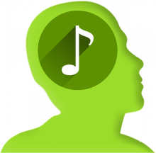 Grüner stilisierter Kopf mit einem dunkelgrünen Kreis in der Gehirnregion, in dessen Mitte sich eine Musiknote befindet
