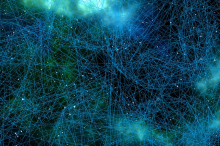 Mehrere Netzwerkknoten durch Linien verbunden vor einem blauen Hintergrund