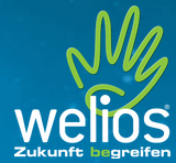 Logo von Welios, eine grüne Hand auf blauem Hintergrund mit dem Schriftzug Welios Zukunft begreifen