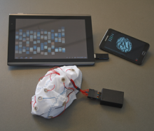 Ein Tablet, ein Smartphone und ein verdrahtetes Stück Stoff nebeneinander