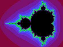 Mandelbrotmännchen in schwarz mit einem Farbverlauf außen von türkis Richtung rot