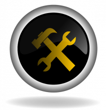 Button mit einem Hammer und einem Schraubenschlüssel