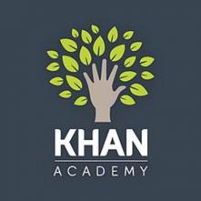 eine Hand auf mehreren in einem Kreis angeordneten grünen Blättern auf grauem Hintergrund, darunter der Schriftzug Khan Academy