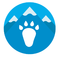 Logo von Verne: The Himmalaya. Ein weißer Fußabdruck auf blauem Berg