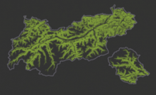 Karte von Tirol, auf der die Waldbedeckung ersichtlich ist