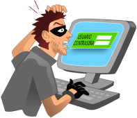 ein Mann im Stil einer Comicfigur mit einer Augenmaske vor einem Computer