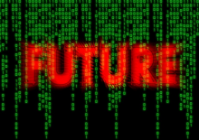 Grüne Zahlenkolonne auf schwarzem Untergrund, die von oben nach unten zu verlaufen scheint. Darüber steht in roter Schrift Future.