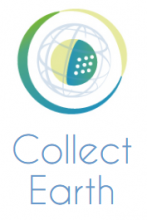 Logo von Collect Earth - Kugel in gelb/grün, umhüllt von einem Netz und dieses wiederum umhüllt von einem gelb/grünen Band