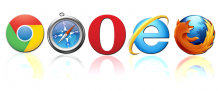 Logos unterschiedlicher Browser (Google Chrome, Safari, Opera, Internet Explorer, Firefox)