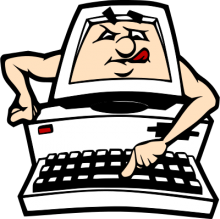 Cartoon eines Desktop-PCs mit heraushängender Zunge, der gerade betont lässig die Space Taste der Tastatur drückt