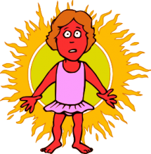 Cartoon eines Mädchen mit sonnenverbrannter Haut, dahinter eine hell strahlende Sonne