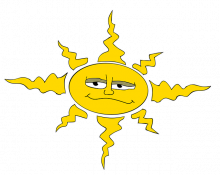 Strahlende Sonne im Comicstil mit verärgertem Gesichtsausdruck