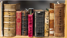 Verschiedene Bücher am Buchrücken mit den Aufschriften Microsoft, Facebook, Red Bull, Zalando und McDonalds