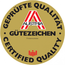 Logo Austria-Gütezeichen - rot-weiß-rotes A auf goldenem Hintergrund mit der Aufschrift geprüfte Qualität, certified quality