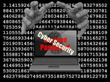 Notebokk mit dem Text Cyber Security auf dem Bildschirm, dahinter ein 2 Hände und ein Feld voller Zahlen
