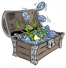 Cartoon einer geöffneten Schatztruhe, in der ein mit Diamanten werfender Frosch sitzt