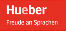 Logo des Hueber Verlags - Schriftzug Hueber Freude an Sprachen in weiß auf rotem Hintergrund