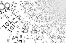 Verschiedene Zahlen und mathematische Zeichen, die in einer geschwungene Form einem Mittelpunkt zustreben