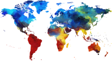 Weltkarte, in der Regionen unterschiedlich gefärbt abgebildet sind