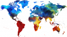 Weltkarte, in der Regionen unterschiedlich gefärbt abgebildet sind