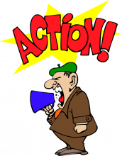 Cartoon eines mannes mit einem Megafon, der schreit - darüber der Schriftzug "Action"