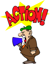 Cartoon eines mannes mit einem Megafon, der schreit - darüber der Schriftzug "Action"