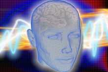 Schematisches Bild eines gläsernen Kopfes mit Lichtstrahlen im Hintergrund