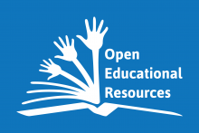 LOGO OER blaues Quadrat mit 3 Armen aus einem Punkt weiße Inschrift Open Educational Ressources