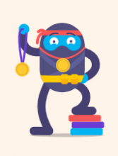 Cartoon eines ClasssNinjas, der einen Fuss auf einem Bücherstapel hat und in einer Hand eine Medaille hält