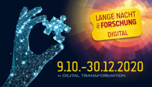 Blaue Hand hält Puzzleteil. roter Schriftzug "Lange Nacht der Forschung in gelbem Quadrat. Darunter Datum 0.10. - 30.12. in gelbem Schriftzug 
