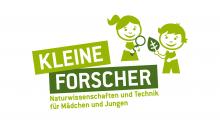 Logo der Internetseite "Haus der kleinen Forscher" - ein Mädchen hält eine Lupe, ein Bub ein Blatt
