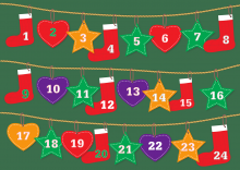 Adventkalender aus verschiedenenen Formen auf grünem Hintergrund