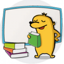 Maskottchen der Onilo-Seite mit grünem Buch in einer Hand