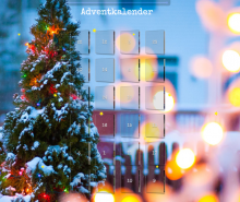 Verschneiter Baum mit Weihnachtsbeleuchtung als Adventkalenderbild