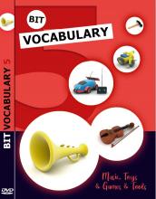 Trompete, Geige, Modellauto und Hammer. Mit Beschriftung "Bit Vocabulary"