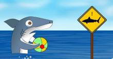 Comic - Der Hai möchte Ball spielen, auf dem Hinweisschild wird aber vor Haien gewarnt. 