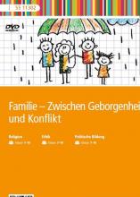 Strichmännchen-Familie steht im Regen unterm Schirm