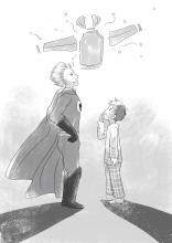 Illustration aus dem Buch: Paul Pulli und Anton bewundern die Einzelteile eines Pullovers