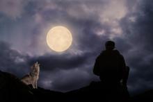 Mann und heulender Wolf vor vewölktem Mond