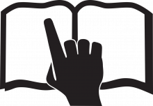 aufgeschlagenes Buch mit einer Hand mit ausgestrecktem Finger, der den lesefortschritt anzeigt