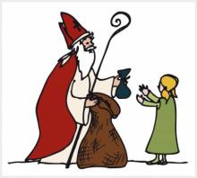 Heiliger Nikolaus verteilt ein Geschenk an ein Kind