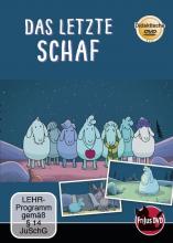 Sieben unterschiedlich aussehende Schafe. Im Hintergrund befinden sich lila Berge und eine rosa Wiese. Im Vordergrund sieht man zwei Bildausschnitte vom Film.