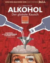 roter Hintergrund mit vielen alkoholhaltigen Getränken; ein animiertes Gehirn, wo Alkohol rein geschüttet wird